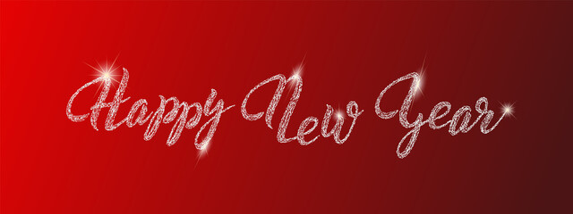 Happy new year hand calligraphic glitter lettering made of isolated snowflakes on red festive background.