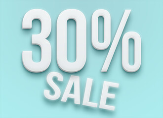 White 3d promotional label with 30% off on light blue background