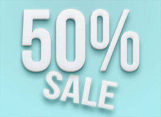 White 3d promotional label with 50% off on light blue background