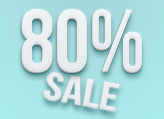White 3d promotional label with 80% off on light blue background