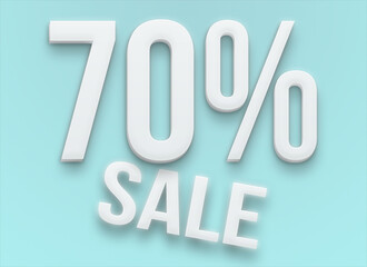 White 3d promotional label with 70% off on light blue background