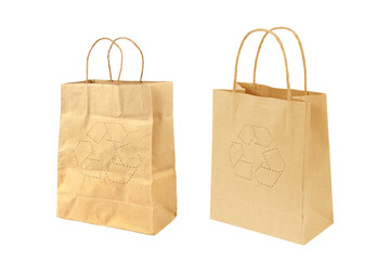 Paper bag for takeaway and recycle symbol isolated on white background with clipping path included.