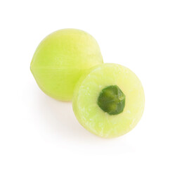 Closeup two Indian gooseberry fruits or Amla ( phyllanthus emblica )  sliced isolated on white background