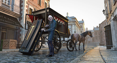 A Vampire In London loading coffin onto a Victorian Style Hearse - obrazy, fototapety, plakaty