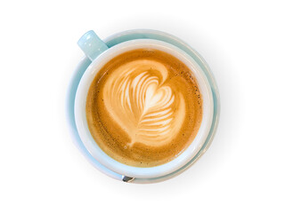 top view of coffee in ceramic cup and a spoon on white background with clipping path
