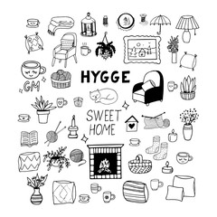 hygge set sketch icon, sticker, poster, card hand drawn vector doodle, scandinavian. cozy home, plant pot vase, armchair, knitting, cat, socks fireplace candle cup single element minimalism monochrome
