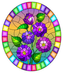 Obraz premium Illustration in stained glass style with a bouquet of purple tsiniya flowers, oval image in a bright frame