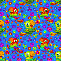 Seamless pattern with bright parakeets and flowers in stained glass style on a blue background 