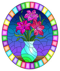 Illustration in stained glass style with bouquets of bright pink lily flowers in a jug on a table on blue background, oval image in bright frame