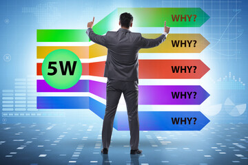 Five whys concept with businessman pressing virtual button