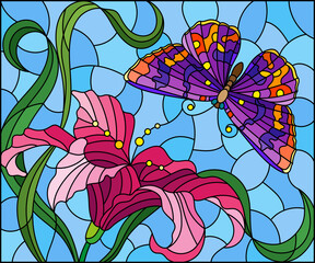 Naklejki  Ilustracja w stylu witrażu z różowym kwiatem lilii i jasnym motylem na tle błękitnego nieba, prostokątny obraz