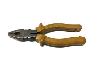 Old yellow pliers isolated on white background