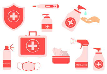 A set of medical antiseptics and means to protect against viruses and bacteria. Vector illustration.