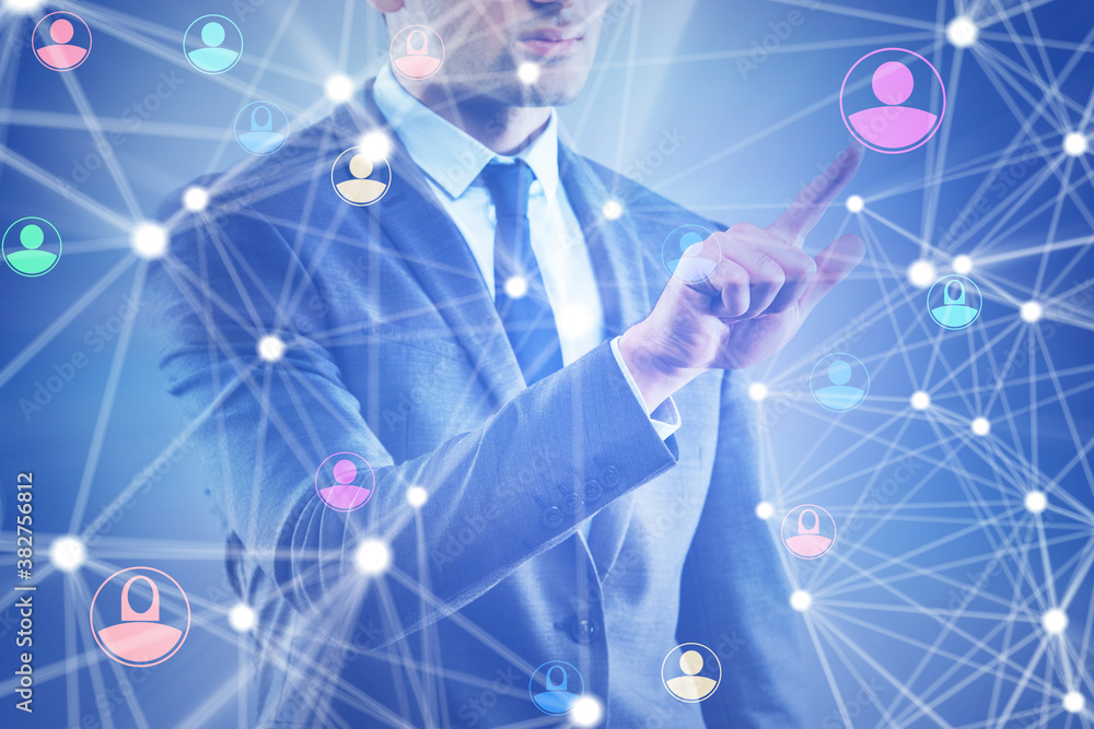 Poster man pressing virtual button on social network concept