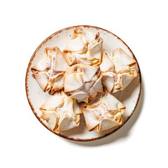 Tasty Italian soffioni cakes with ricotta cheese sprinkled with powdered sugar isolated on white background