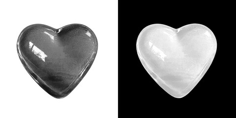 Glowing crystal black heart isolated on white background and white heart isolated on black...