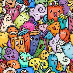 Kawaii doodle smiling monsters seamless pattern for child prints, designs and coloring books
