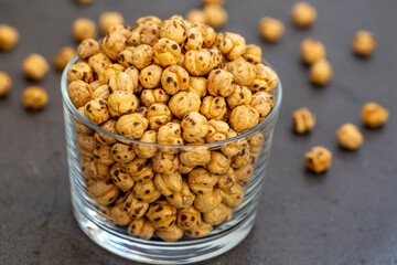 Roasted, yellow chickpeas in bowl