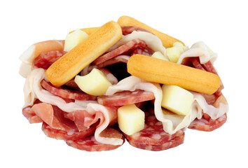 Meat and cheese snacking selection with prosciutto ham, salami and grissini bread sticks isolated...