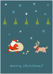 サンタクロースとトナカイが急いでいるイラスト