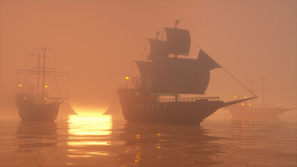 3D Illustration of old wooden warships fleet on a foggy ocean at sunset