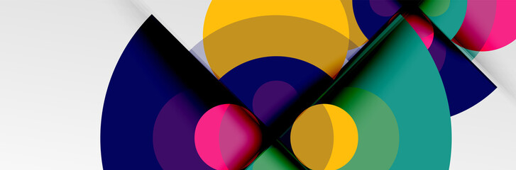 Fototapeta premium Bright color circles, abstract round shapes and triangles composition with shadow effects. Vector modern geometric design template