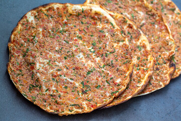 Traditional delicious Turkish foods; Lahmacun (Turkish pizza)
