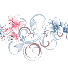 Floral seamless pattern with blue flowers of lilies. Vector illustration.