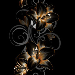 Vintage luxury seamless floral background with golden lilies flowers. Romantic pattern template for wall decor, wallpaper, wedding invitations, ceremonies, cards.