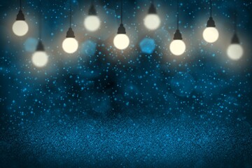 Fototapeta na wymiar light blue wonderful glossy glitter lights defocused light bulbs bokeh abstract background with sparks fly, festal mockup texture with blank space for your content