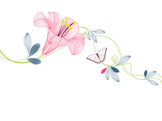 Abstract  hand drawn floral pattern with lily flowers and butterfly. Vector illustration. Element for design.