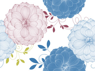 Floral seamless pattern with blue dahlia flowers. Vector elements for wallpaper, wall decor, creativity, cards, invitations.