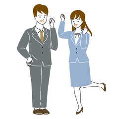 ガッツポーズでジャンプする会社員の男女のベクターイラスト