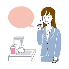 コロナ対策として手洗いをうながす女性のベクターイラスト