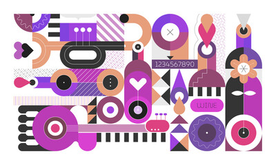 Love, Wine and Music. Abstract art design of wine bottles and music instruments isolated on a white background. Geometric style graphic illustration.	