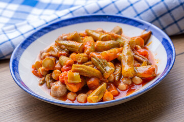 Traditional, delicious Turkish food; Okra dish (Adana style okra with chickpeas)