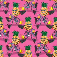 seamless cartoon pattern pineapple on bike rides on Halloween bats on pink background. Vector image