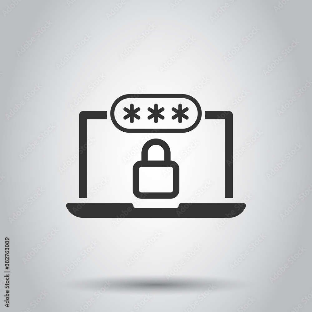 Poster laptop with password icon in flat style. computer access vector illustration on white isolated backg