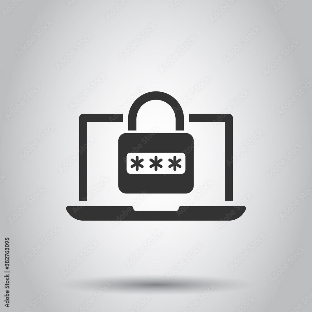 Poster laptop with password icon in flat style. computer access vector illustration on white isolated backg