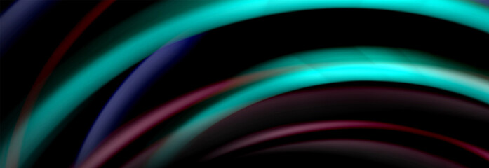 Dynamic motion abstract background. Color blurred stripes on black. Wave liquid lines poster. Vector illustration