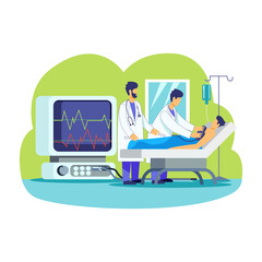 Doctors visiting patient lying on hospital bed illustration concept