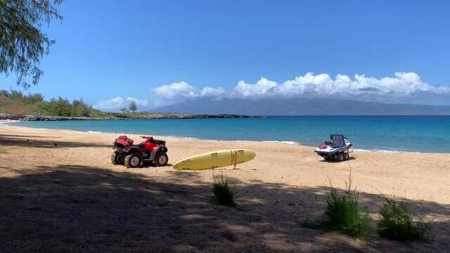 D. T. Fleming Beach in Maui, Hawaii with rescue craft on beach ready for action