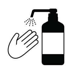 黒のボトルから出たスプレーで手のひらを消毒