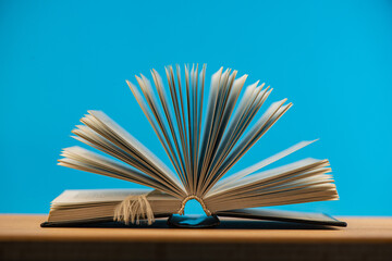 Pages of an open book lying on an oak table against a blue background.