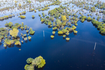 Scenic aerial view of high water in spring time