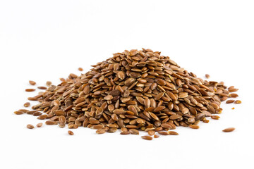 Ein kleiner Haufen sauberer brauner Leinsamen. 