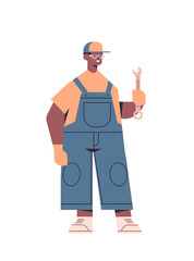 mechanic in uniform holding wrench african american man working and fixing vehicle car service automobile repair and check up concept vertical full length vector illustration