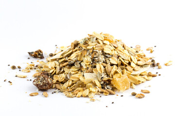 Hafermusli mit getrockneten Früchten. Asia-Mischung aus Kokos, Ananas, Physalis und Mango.. Hauptbestandteil Vollkornhaferflocken und Vollkornroggenflocken. Mühlenprodukt.