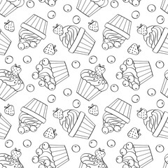 Seamless pattern with cupcakes and berries. Black outline, sketch for coloring books, decor and textiles. Cute vector illustration.