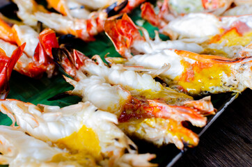 Partial focus of charcoal grilled river prawns. Thailand famous dish.
